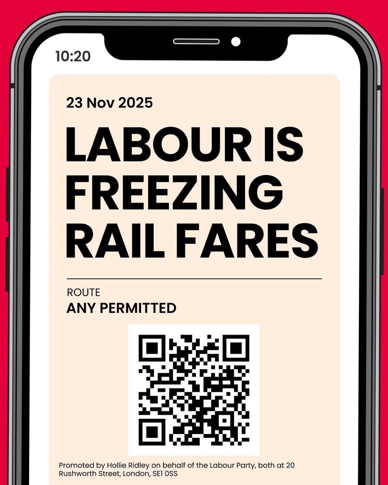 Labour graphic which shows a mobile phone screen with a display reading, 'Labour is freezing rail fares.'