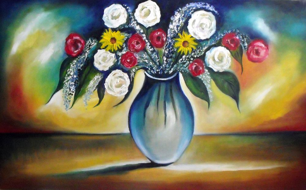 This is an original oil painting entitled "Passion's Promise".  It is available and it is H. 3' x W. 5'.  I'm an artist from Canada. #art #flowers #OriginalArt# #fineart #blueskyartists