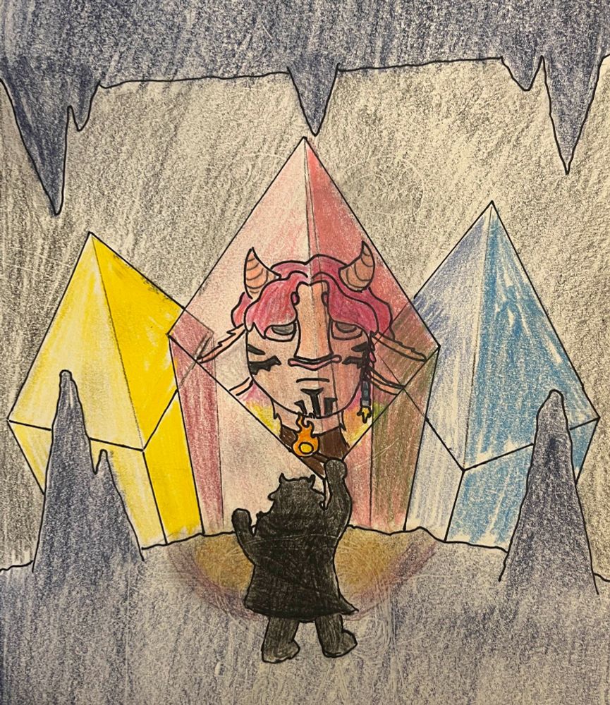 A Silloette Cloaked in Shadow is Exploring a dark cave filled with multi colored crystals. Their Face is Magnified and Illuminated int eh closest one showing a Pink Hued Firbolg with Tattoos adorning their face