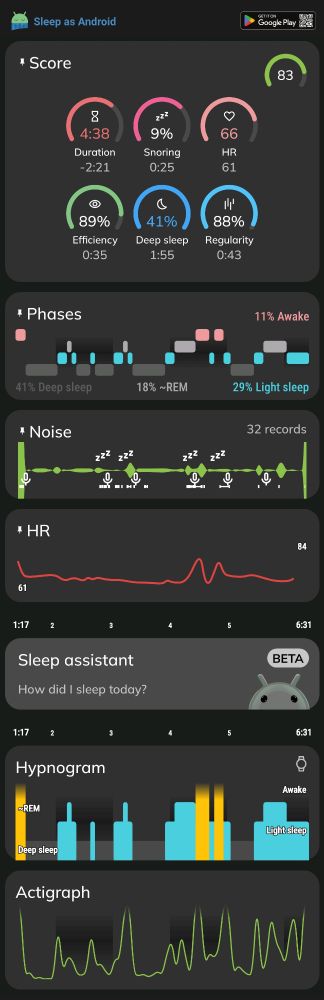 Screenshot aus der App 'Sleep As Android' mit diversen Aufzeichnungen meines letzten Schlafes, u.a. die Dauer mit nur 4:38 h