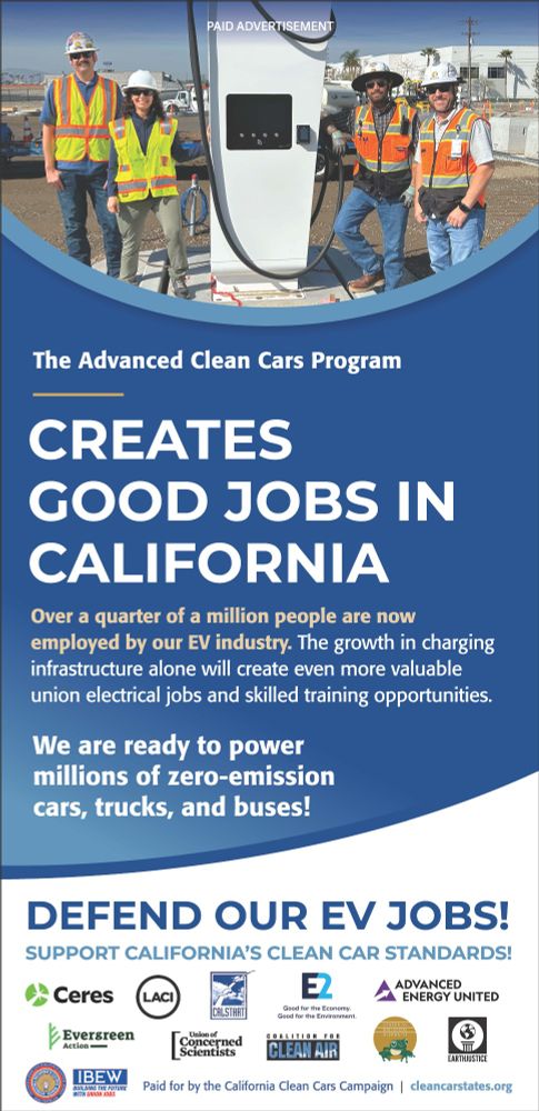 Brochure reads "The Advanced Clean Cars Program Creates Good Jobs in California. Over a quarter of a million people are now employed by our EV industry. The growth in charging infrastructure alone will create even more valuable union electrical jobs and skilled training opportunities. We are ready to power millions of zero-emission cars, trucks, and buses. Defend our EV jobs! Support California's clean car standards! 