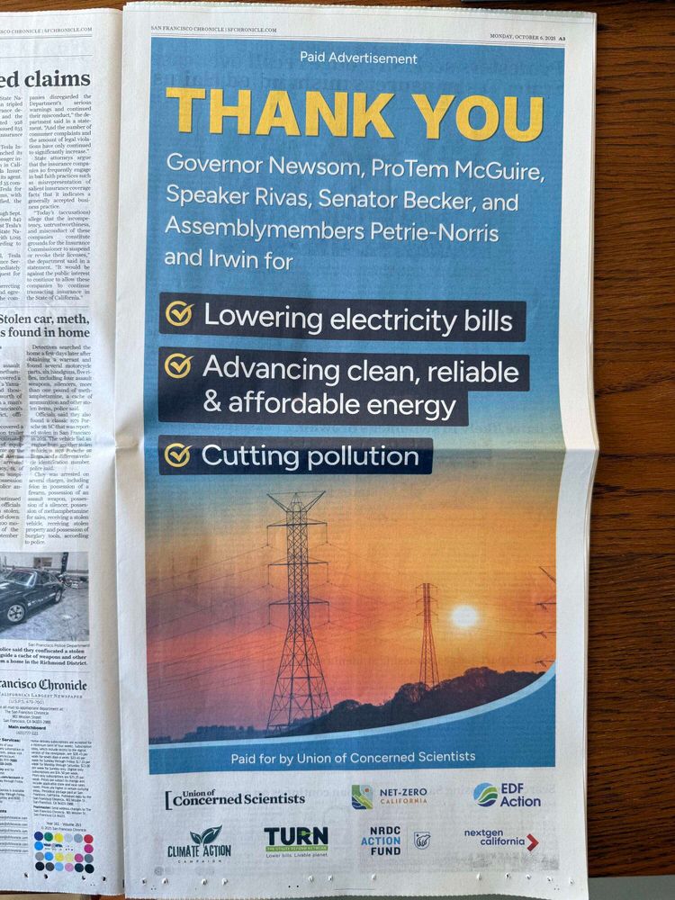 A full-page newspaper ad with a blue and orange gradient background showing power lines at sunset. Large yellow text at the top reads: “THANK YOU.” Below it says, “Governor Newsom, ProTem McGuire, Speaker Rivas, Senator Becker, and Assemblymembers Petrie-Norris and Irwin for” followed by three bullet points with yellow checkmarks: “Lowering electricity bills,” “Advancing clean, reliable & affordable energy,” and “Cutting pollution.” At the bottom, it says, “Paid for by Union of Concerned Scientists,” with logos of supporting organizations including Union of Concerned Scientists, Climate Action Campaign, TURN, Net-Zero California, NRDC Action Fund, EDF Action, and NextGen California.