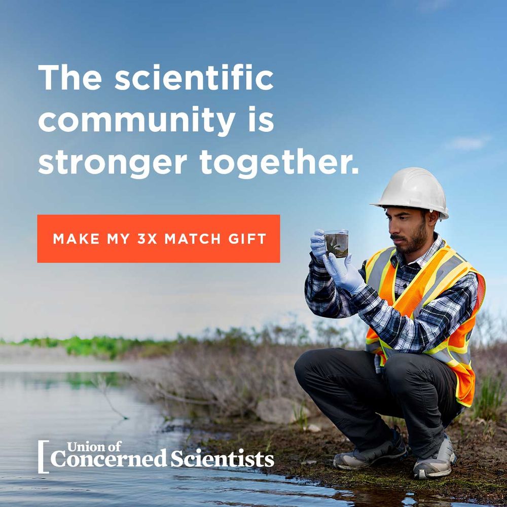 A Giving Tuesday ad with a scientist checking the quality of water, next to a river, with the message "The Scientific Community is Stronger Together". The message invites to match 3x gift because of Giving Tuesday.  