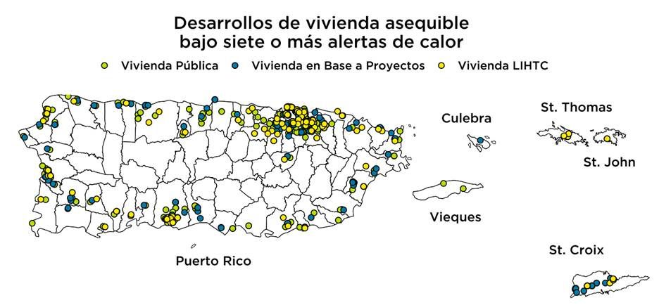 Mapa de Puerto Rico y las Islas Vírgenes de Estados Unidos que muestra los desarrollos de vivienda asequible ubicados en áreas que experimentaron siete o más alertas de calor. Los puntos amarillos representan viviendas públicas, los puntos azules viviendas en base a proyectos, y los puntos naranjas viviendas del programa LIHTC. Se observa una alta concentración de desarrollos en el norte de Puerto Rico, especialmente alrededor del área metropolitana, así como en el sur y en las islas de St. Croix y St. Thomas.