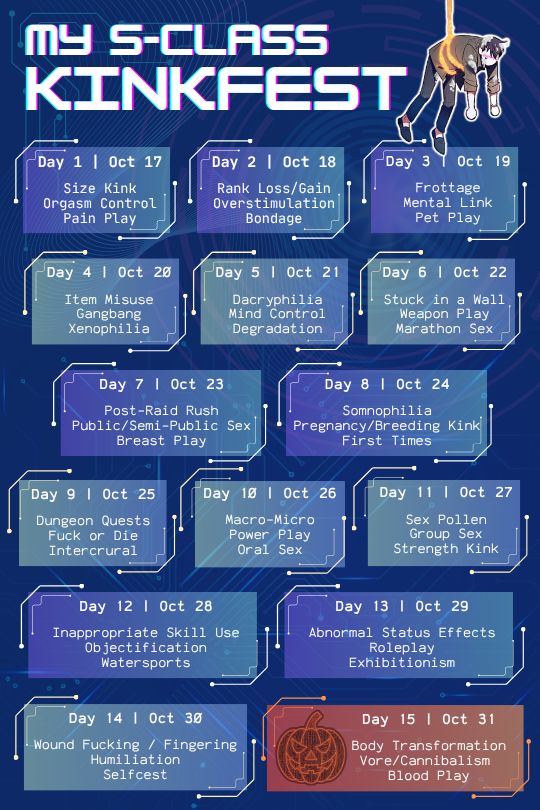     Day 1 | Oct 17 - Size Kink | Orgasm Control | Pain Play
    Day 2 | Oct 18 - Rank Loss/Gain | Overstimulation | Bondage
    Day 3 | Oct 19 - Frottage | Mental Link | Pet Play
    Day 4 | Oct 20 - Item Misuse | Gangbang | Xenophilia
    Day 5 | Oct 21 - Dacryphilia | Mind Control | Degradation
    Day 6 | Oct 22 - Stuck in a Wall | Weapon Play | Marathon Sex
    Day 7 | Oct 23 - Post-Raid Rush | Public/Semi-Public Sex | Breast Play
    Day 8 | Oct 24 - Somnophilia | Pregnancy/Breeding Kink | First Times
    Day 9 | Oct 25 - Dungeon Quests | Fuck or Die | Intercrural
    Day 10 | Oct 26 - Macro-Micro | Power Play | Oral Sex
    Day 11 | Oct 27 - Sex Pollen | Group Sex | Strength Kink
    Day 12 | Oct 28 - Inappropriate Skill Use | Objectification | Watersports
    Day 13 | Oct 29 - Abnormal Status Effects | Roleplay | Exhibitionism
    Day 14 | Oct 30 - Wound Fucking / Fingering | Humiliation | Selfcest
    Day 15 | Oct 31 - Body Transformation | Vore/Cannibalism | Blood Play