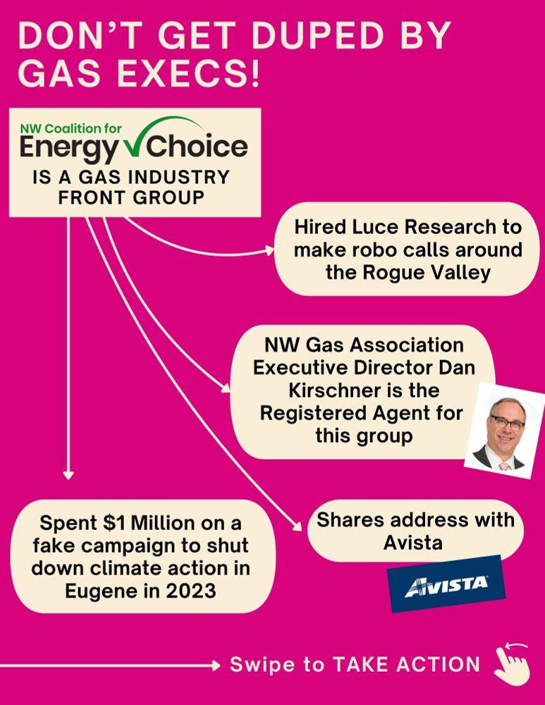 Offwhite info graphic on hot pink background "Don't get Duped by gas execs!". Logo that says "NW Coalition for Energy Choice is a gas industry front group." with four arrows coming out of it pointing to four separate offwhite bubbles. 1) Spent $1 Million on a fake campaign shutting down climate action in Eugene in 2023. 2) Shares address with Avista. 3) NW Gas Association Executive Director Dan Kirschner is the Registered Agent for this group. 3) Hired Luce Research to make robo calls around the Rogue Valley." At the bottom says "Swipe to Take ActioN"