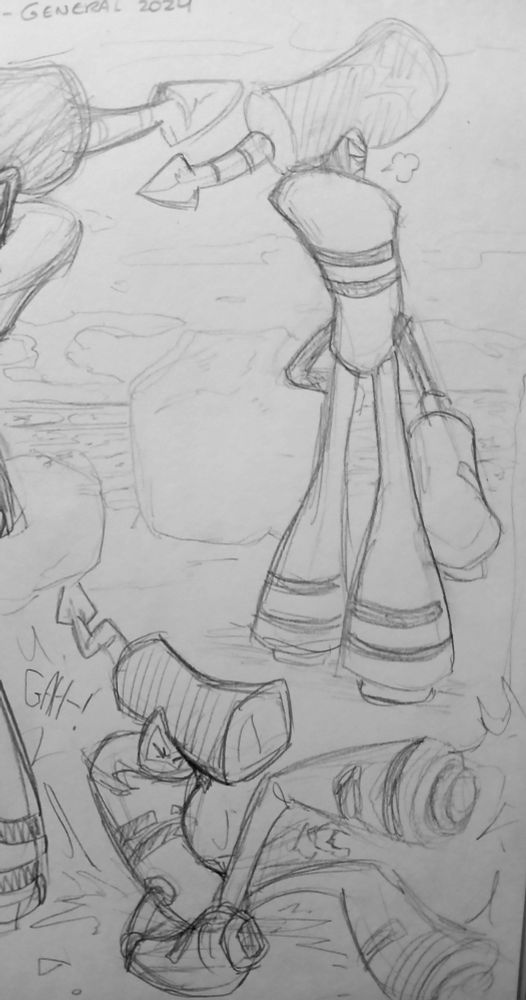 Sketches of the character Ten from Mario and Luigi Brothership. The top sketch is a back view of him looking out to the ocean. The bottom sketch is of Ten falling down as if just hit by a powerful attack.