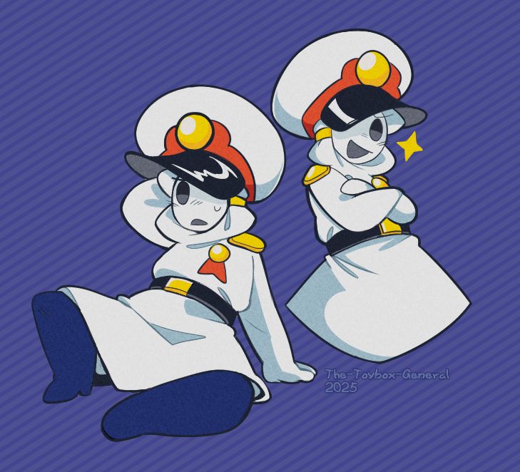 Two drawings of General Guy from Paper Mario 64. The one to the left has him fallen over as if tripped or hit by something, looking up a bit angry yet possibly confused. The right is a halfbody of General Guy crossing his arms with a confident smile.