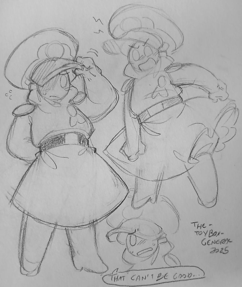 Asorted sketches of General Guy from Paper Mario 64.