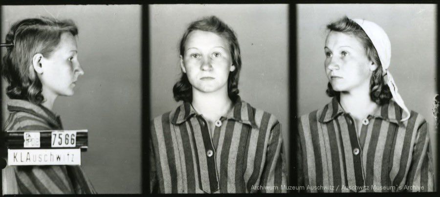 A mugshot registration photograph from Auschwitz. A woman wearing a striped uniform photographed in three positions (profile and front with a bare head and a photo with a slightly turned head with a headscarf on). The prisoner number is visible on a marking board on the left.