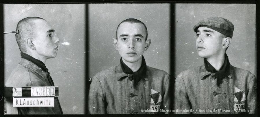 A mugshot registration photograph from Auschwitz. A man with a shaved head wearing a striped uniform photographed in three positions (profile and front with bare head and a photo with a slightly turned head with a hat on). The prisoner number is visible on a marking board on the left.