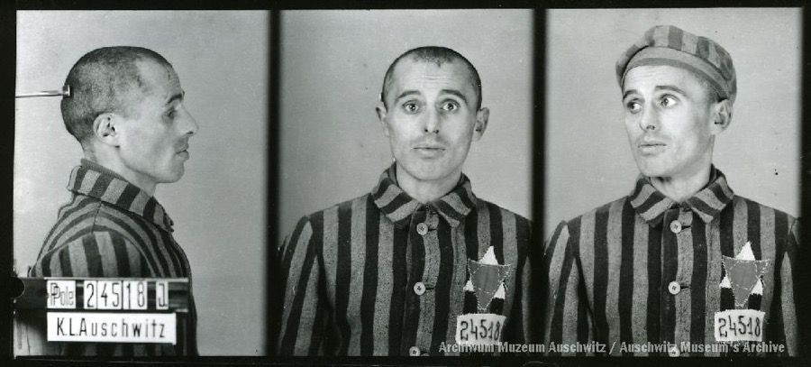 A mugshot registration photograph from Auschwitz. A man with a shaved head wearing a striped uniform photographed in three positions (profile and front with bare head and a photo with a slightly turned head with a hat on). The prisoner number is visible on a marking board on the left.