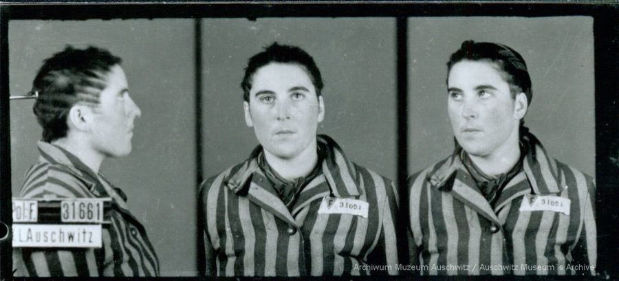 A mugshot registration photograph from Auschwitz. A woman wearing a striped uniform photographed in three positions (profile and front with a bare head and a photo with a slightly turned head with a headscarf on). The prisoner number is visible on a marking board on the left.