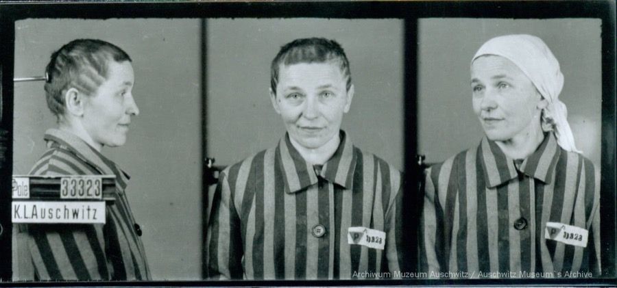 A mugshot registration photograph from Auschwitz. A woman wearing a striped uniform photographed in three positions (profile and front with a bare head and a photo with a slightly turned head with a headscarf on). The prisoner number is visible on a marking board on the left.