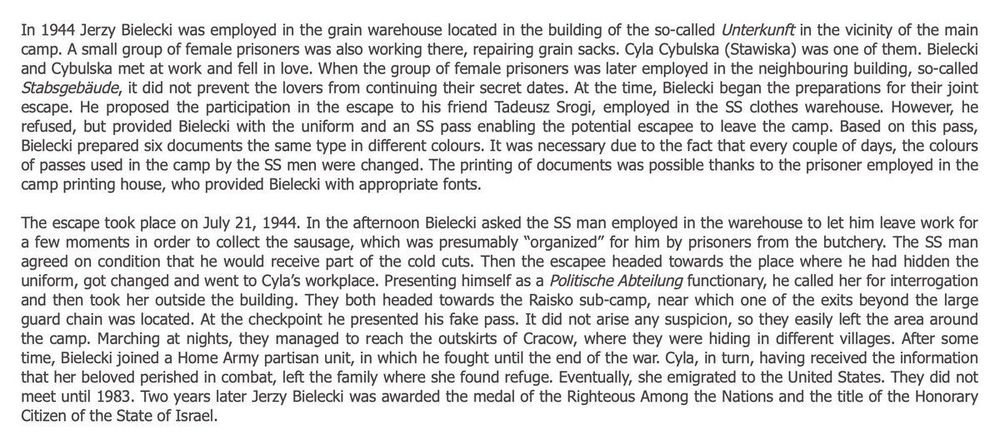 Image contains a detailed black and white historical text about Jerzy Bielecki, a World War II escapee from Auschwitz concentration camp, detailing his courageous escape with a fellow prisoner, Cyla Cybulska, in 1944 and the subsequent events of their lives.