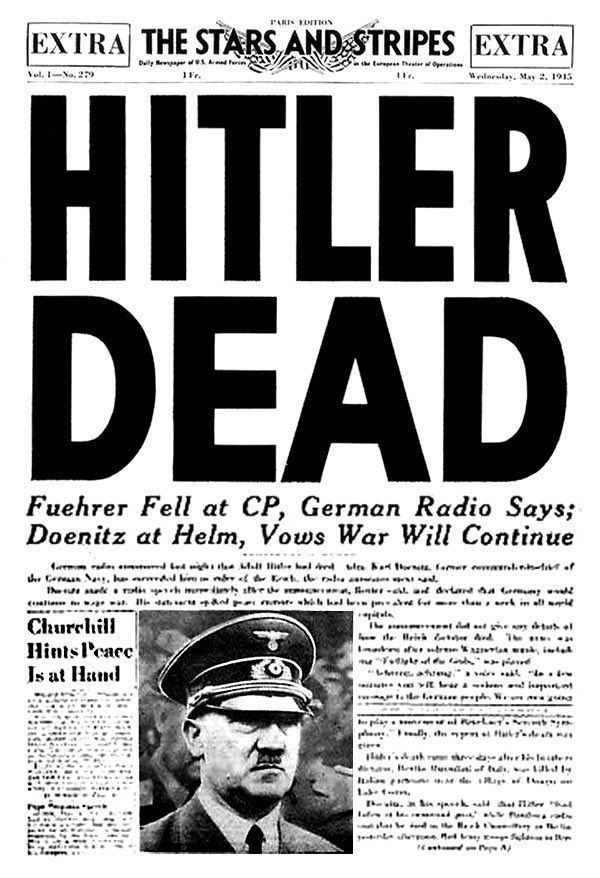 A newspaper - The Stars and Stripes - informing about the death of Adolf Hitler.