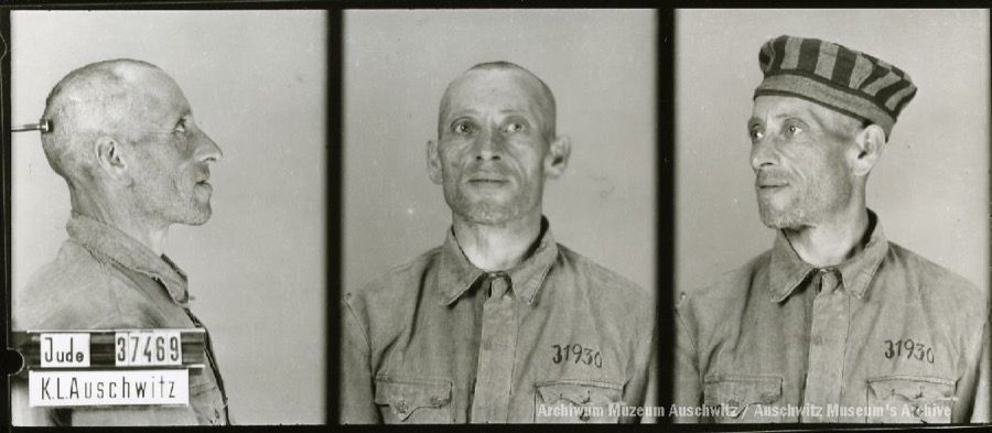 A mugshot registration photograph from Auschwitz. A man with a shaved head wearing a striped uniform photographed in three positions (profile and front with bare head and a photo with a slightly turned head with a hat on). The prisoner number is visible on a marking board on the left.