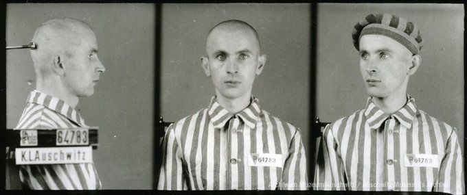 A mugshot registration photograph from Auschwitz. A man with a shaved head wearing a striped uniform photographed in three positions (profile and front with bare head and a photo with a slightly turned head with a hat on). The prisoner number is visible on a marking board on the left.