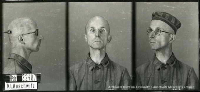 A mugshot registration photograph from Auschwitz. A man with a shaved head wearing a striped uniform photographed in three positions (profile and front with bare head and a photo with a slightly turned head with a hat on). The prisoner number is visible on a marking board on the left.