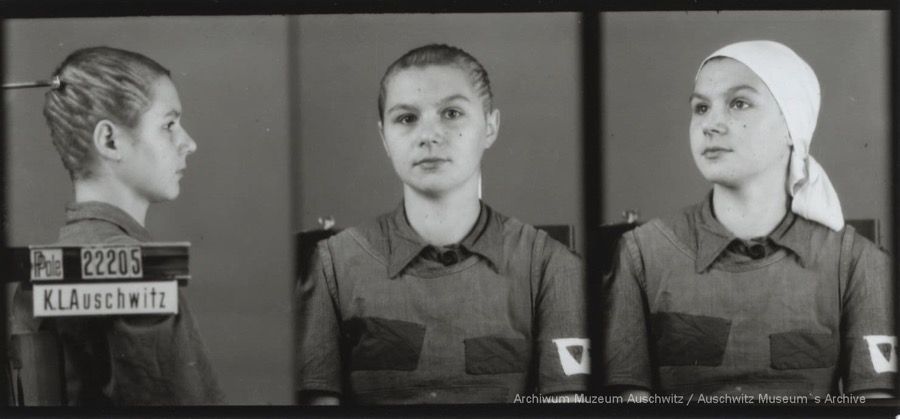 A mugshot registration photograph from Auschwitz. A woman wearing a striped uniform photographed in three positions (profile and front with a bare head and a photo with a slightly turned head with a headscarf on). The prisoner number is visible on a marking board on the left.