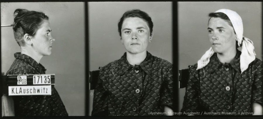 A mugshot registration photograph from Auschwitz. A woman wearing a striped uniform photographed in three positions (profile and front with a bare head and a photo with a slightly turned head with a headscarf on). The prisoner number is visible on a marking board on the left.