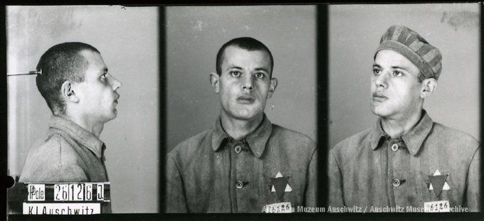 A mugshot registration photograph from Auschwitz. A man with a shaved head wearing a striped uniform photographed in three positions (profile and front with bare head and a photo with a slightly turned head with a hat on). The prisoner number is visible on a marking board on the left.