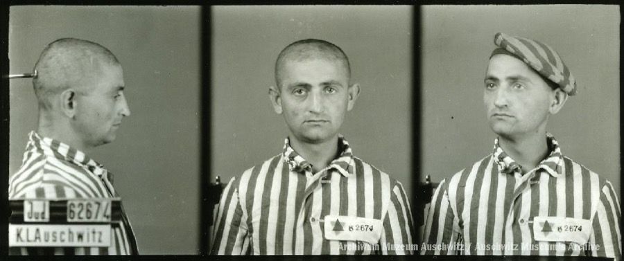 A mugshot registration photograph from Auschwitz. A man with a shaved head wearing a striped uniform photographed in three positions (profile and front with bare head and a photo with a slightly turned head with a hat on). The prisoner number is visible on a marking board on the left.