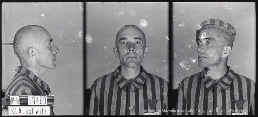 A mugshot registration photograph from Auschwitz. A man with a shaved head wearing a striped uniform photographed in three positions (profile and front with bare head and a photo with a slightly turned head with a hat on). The prisoner number is visible on a marking board on the left.