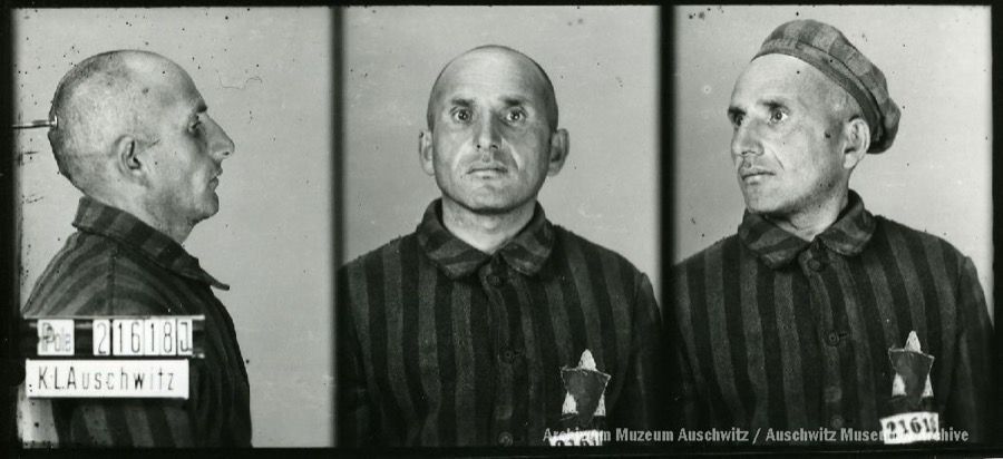 A mugshot registration photograph from Auschwitz. A man with a shaved head wearing a striped uniform photographed in three positions (profile and front with bare head and a photo with a slightly turned head with a hat on). The prisoner number is visible on a marking board on the left.