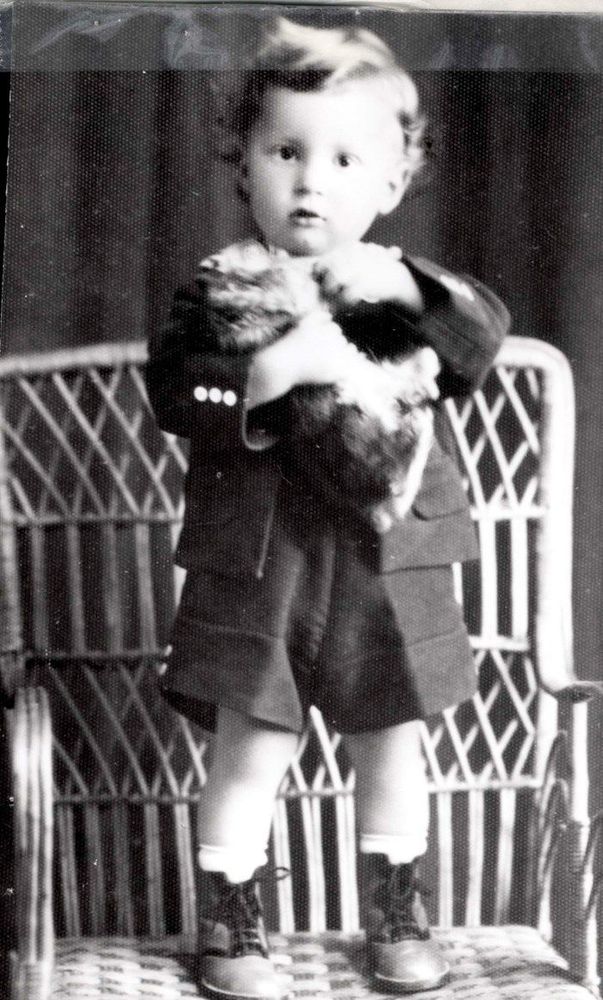 A vintage black and white photo of a young boy standing on a chair holding a toy dog. The child is dressed in a buttoned coat, shorts, and high-top shoes. The chair has a woven backing.