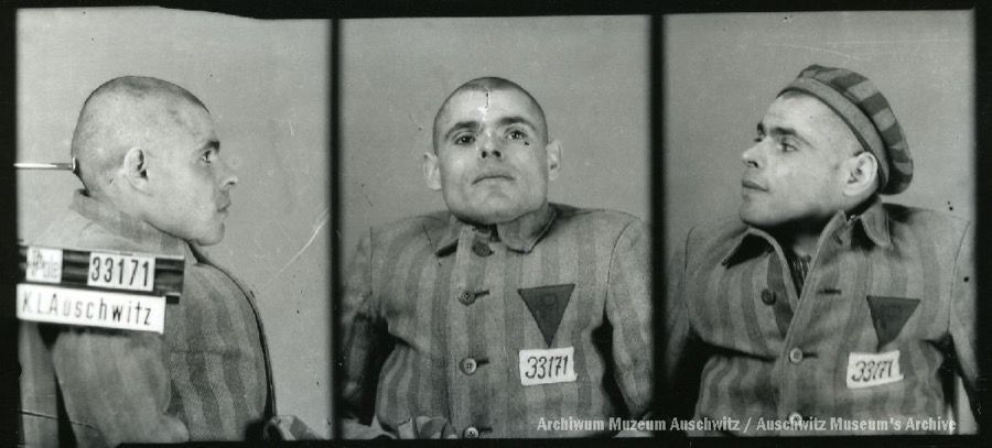 A mugshot registration photograph from Auschwitz. A man with a shaved head wearing a striped uniform photographed in three positions (profile and front with bare head and a photo with a slightly turned head with a hat on). The prisoner number is visible on a marking board on the left.
