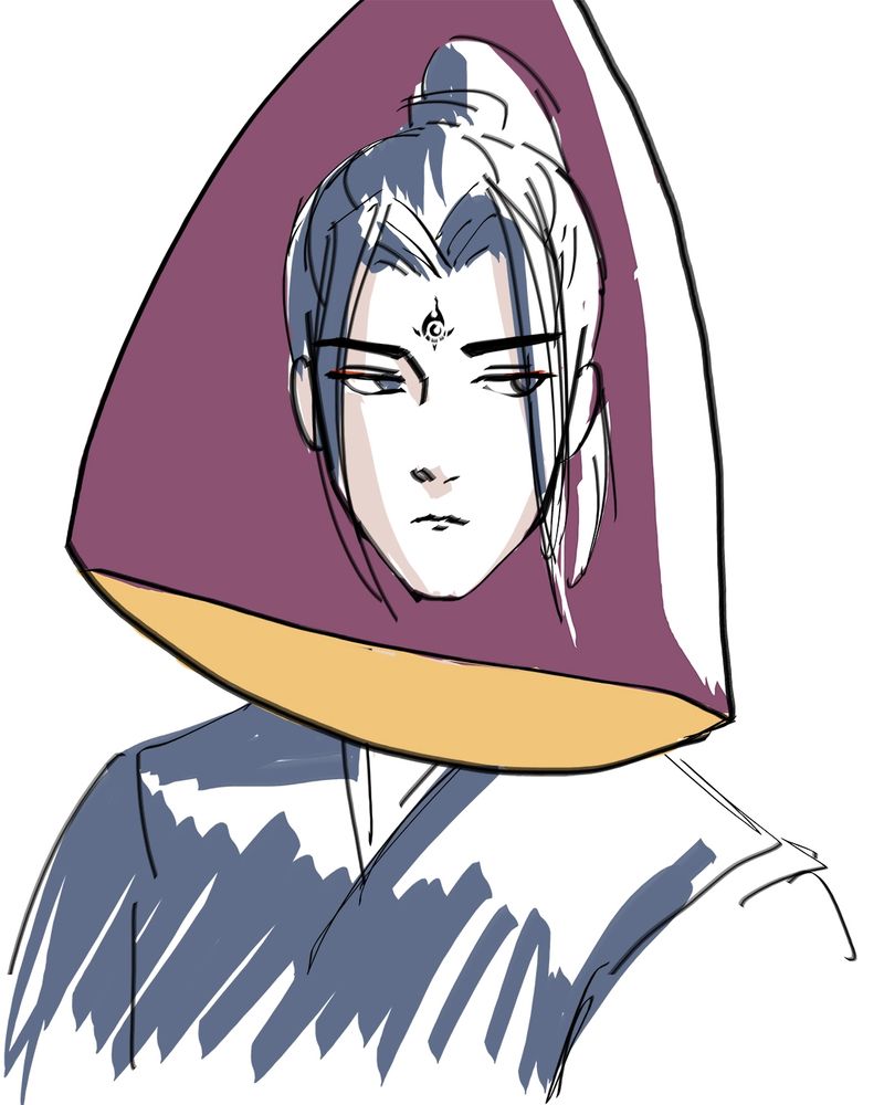 The same sketch of Yan Qiang but with half a yam around his head 