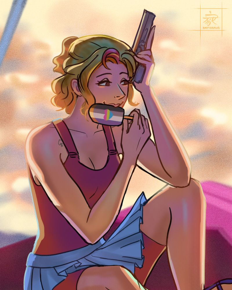 A woman with short wavy blonde hair and one short magenta curl in the front sits on a beachside towel. She leans her head against the gun in her hand while enjoying a popsicle with ace colored stripes and a pan romantic heart symbol. 