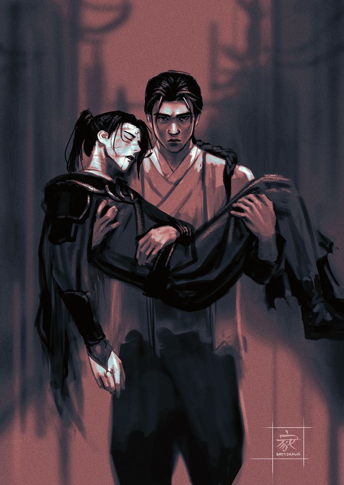 A man carries his battered comrade with a vindictive look on his face. The color palette is limited to grays and reds.