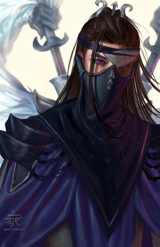 Portrait of a long-haired partially armored man with a mask covering the bottom half of his face and a headband that partially obscures one of his iridescent eyes. Hands on the joints of his wings sheath/unsheath his weapons.