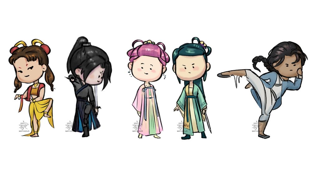 A line up of dot eyed chibis in various poses. The lineart is slightly thicker and more varied than my usual.