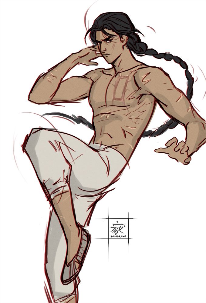 A wuxia character with many scars, particularly one shaped like a talisman over his heart, is in the midst of following through a kick 