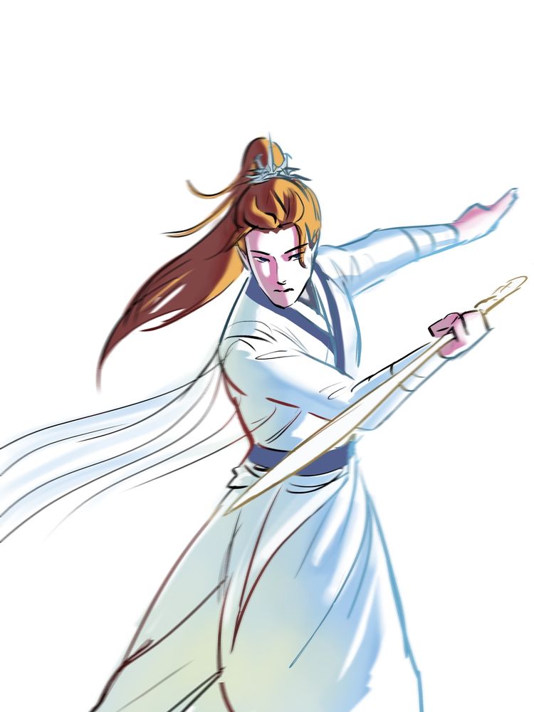 A man with orange hair in a high ponytail wields a sword in a very xianxia pose. He wears bright reflective clothes with blue borders.