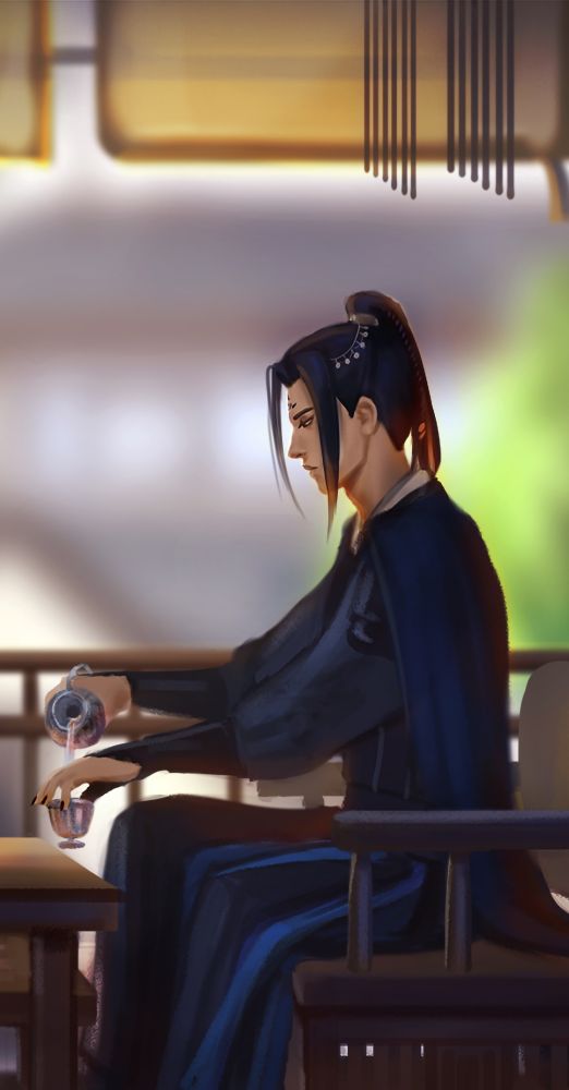 A closer crop of Yan Qiang from the negotiations drawing. He pours wine from a metallic pitcher. 