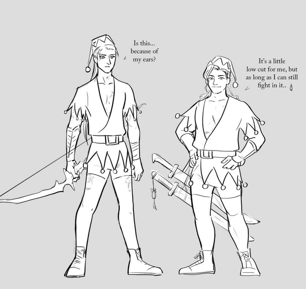 A man with pointed ears, long hair and a bow stands with a shorter, stouter man with double swords. They are wearing low cut elf outfits with ridiculously tiny shorts. Aorihn says, "Is this...because of my ears?" Quan Xi says, "It's a little low cut for me, but as long as I can still fight in it..." 