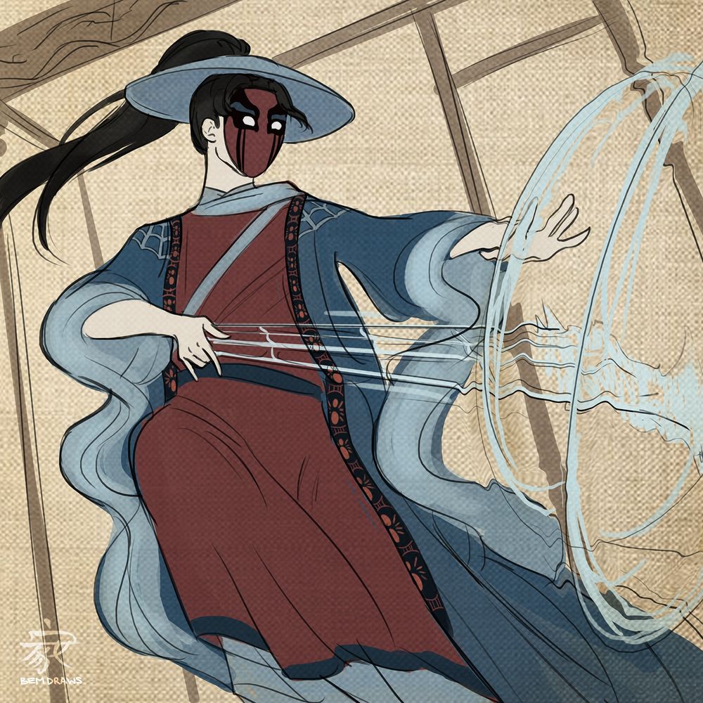 Xuan leaps and plays the strands of his web like a guqin, weaponizing its sonic waves