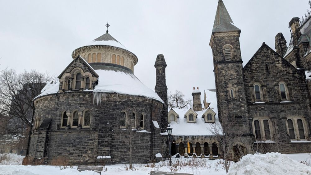 The Croft Chapter House, a Victorian round building that was originally a chemistry lab, in the snow with icicles. 