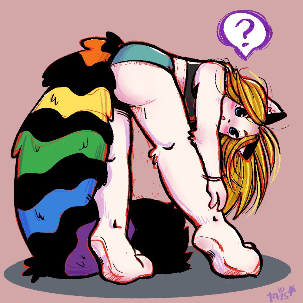 Digital drawing of a blonde catgirl with a rainbow tail. She is bent over forward with her hands near her ankles and her tail toward the viewer. 