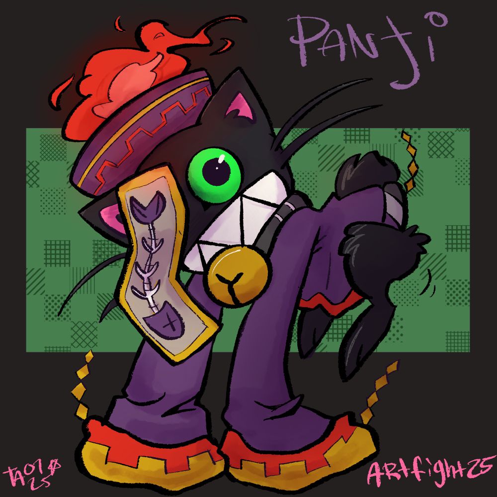 Digital drawing of a cat jiangshi character jumping off the ground. It has a flame in its hat and the paper talisman over the face has a fishbone motif. 