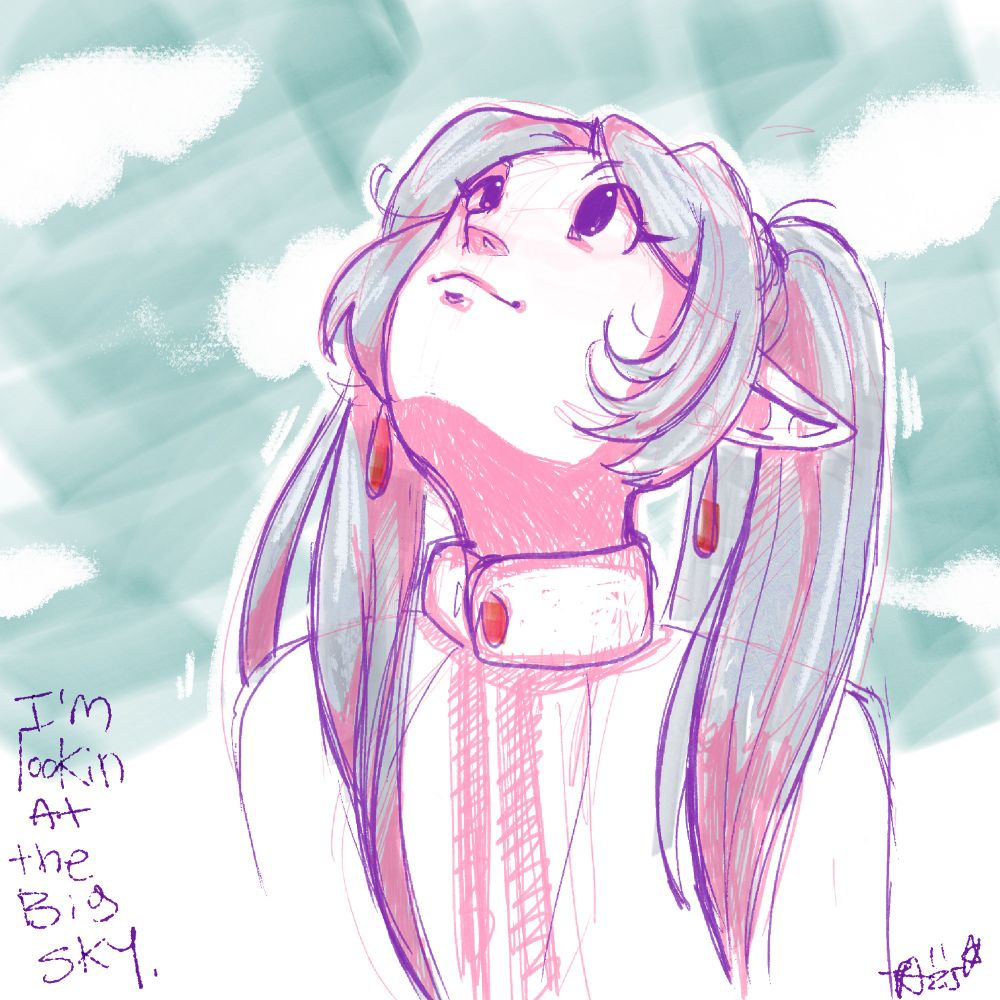 Sketch of Frieren (Frieren: Beyond Journey's End) looking up. This is a trend among artists on various social media sites because the angle is difficult with shadows underneath the chin. 