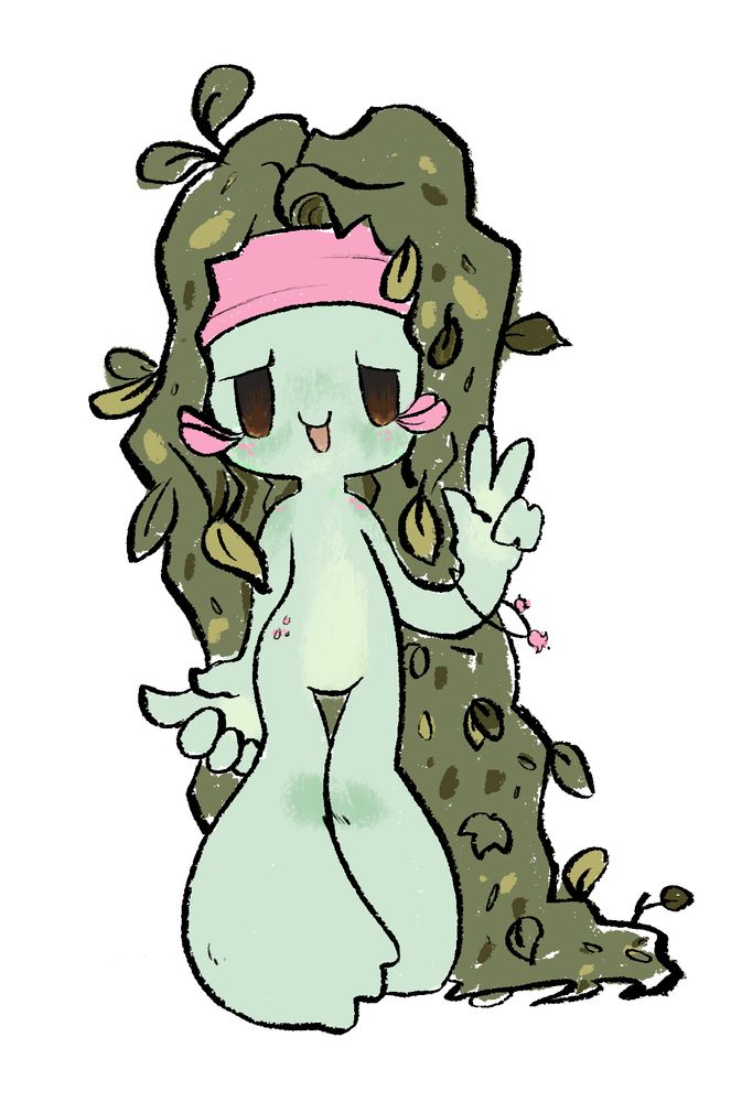 Plant girl Celadonna stands pigeon-toed holding up a peace sign. Her long hair is made of ivy and drags on the ground. 