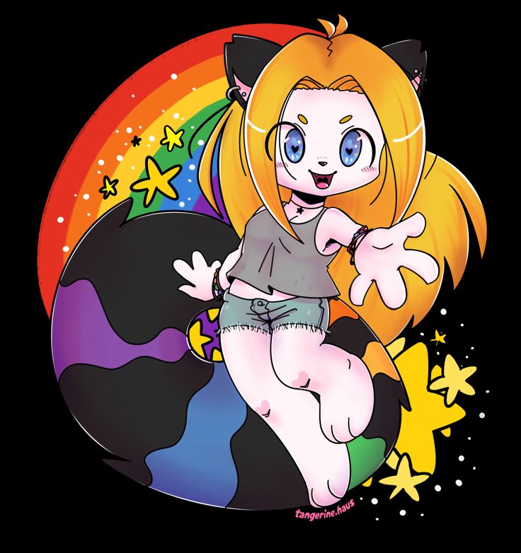 Digital drawing of a catgirl with blonde hair and rainbow tail posing with hand outstretched. Stars and rainbow in the background. 