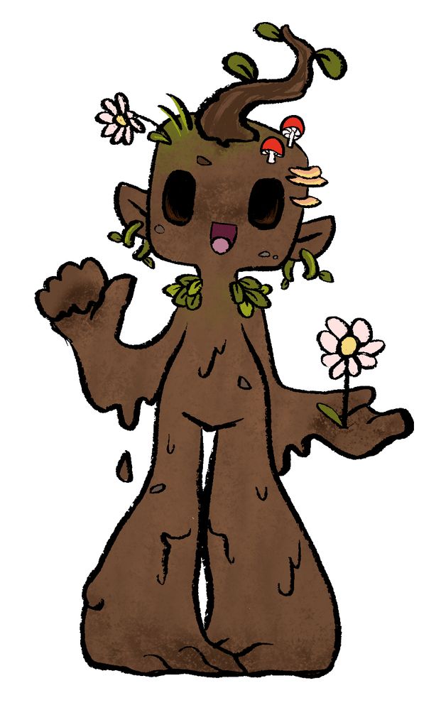 Digital drawing of Dreck, a boy made of dirt that has many plants growing from all over his skin. He stands knock-kneed with a happy smile and a flower growing from his palm. 