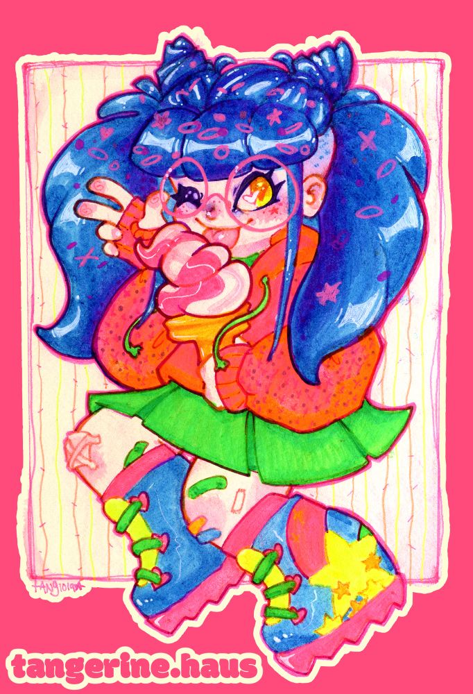 Neon colored girl with blue pigtails eating a swirly ice cream cone. Drawn and colored traditionally with markers. 