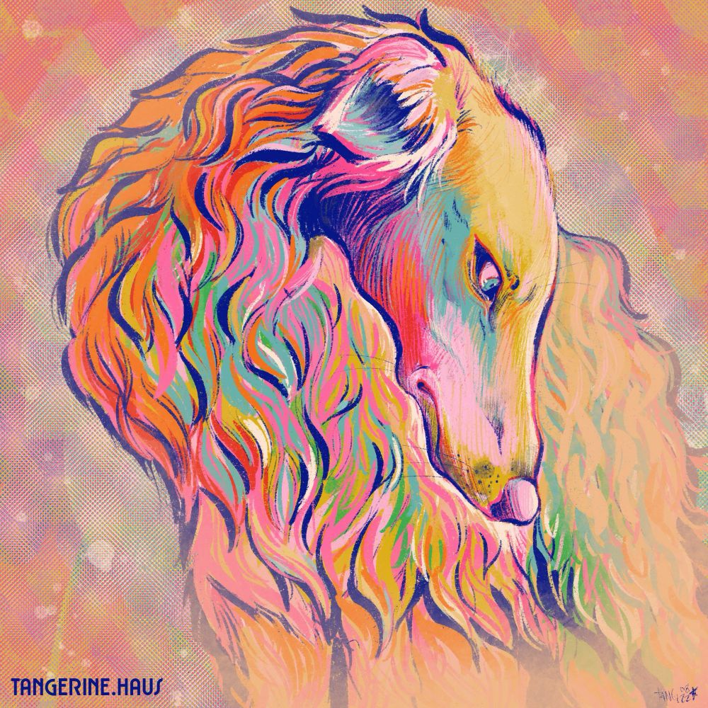 Colorful digital drawing of a borzoi. Its fur is many kaleidoscopic colors. 